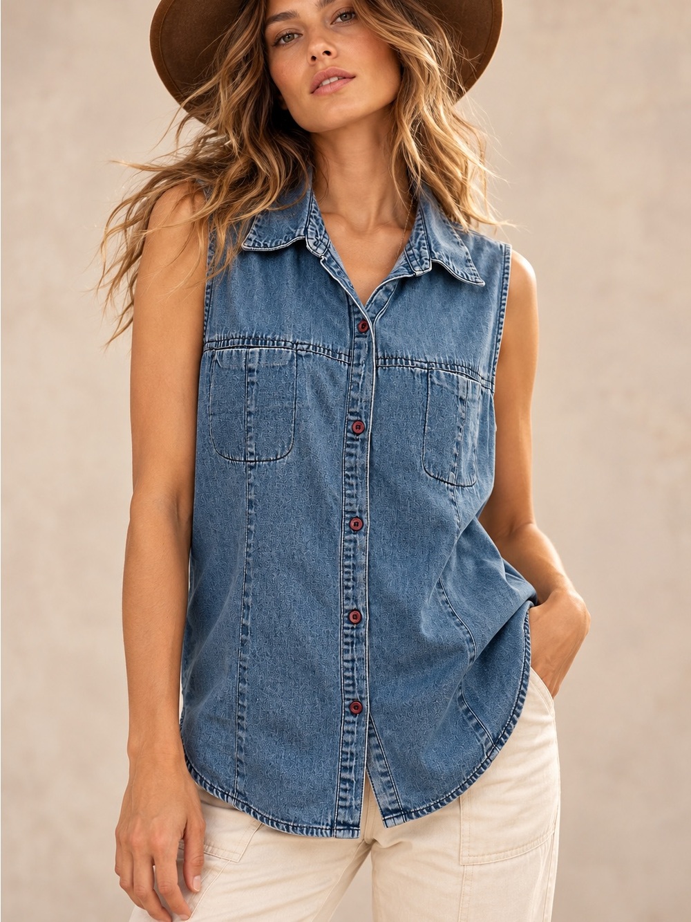Faded Glory Vintage Denim Sleeveless Button Down Shirt Vest L 12/14 100% Cotton